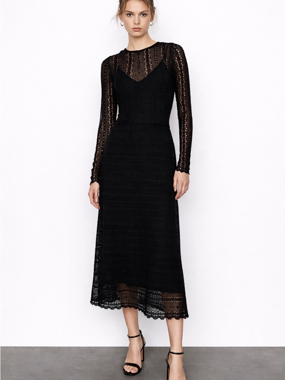 ZARA Black Lace Long Sleeve Midi Dress with Sheer Yoke - Picture 8 of 8